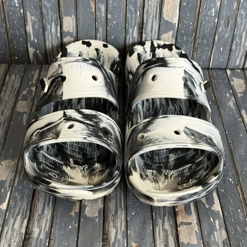 Crocs Classic 2 Strap Men's Marble Comfort Sandals Black White Sz 14
